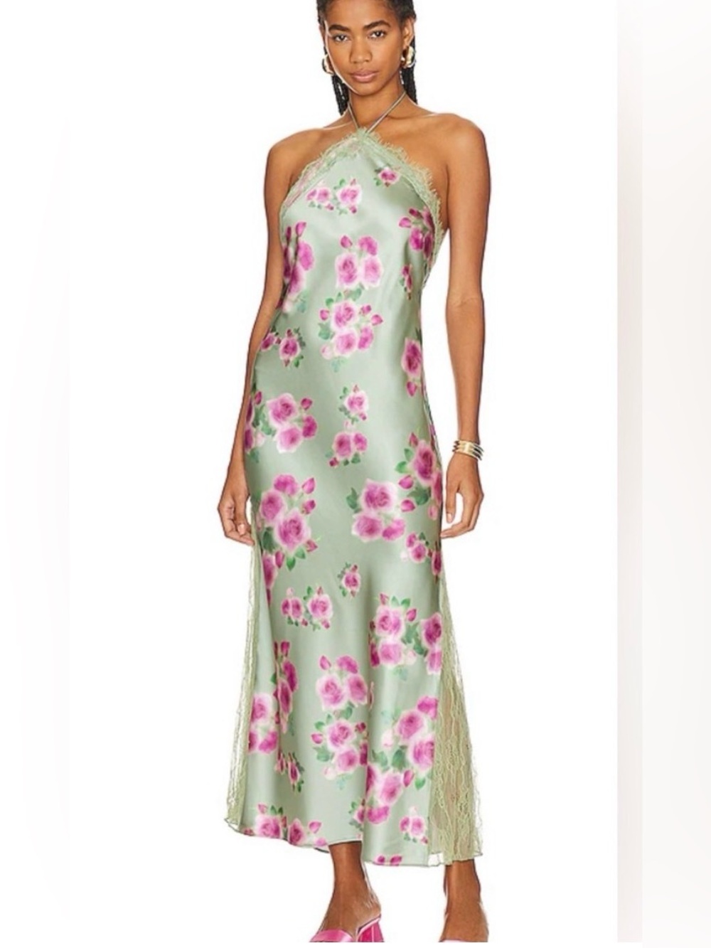 Lace halter floral maxi dress in sage multi